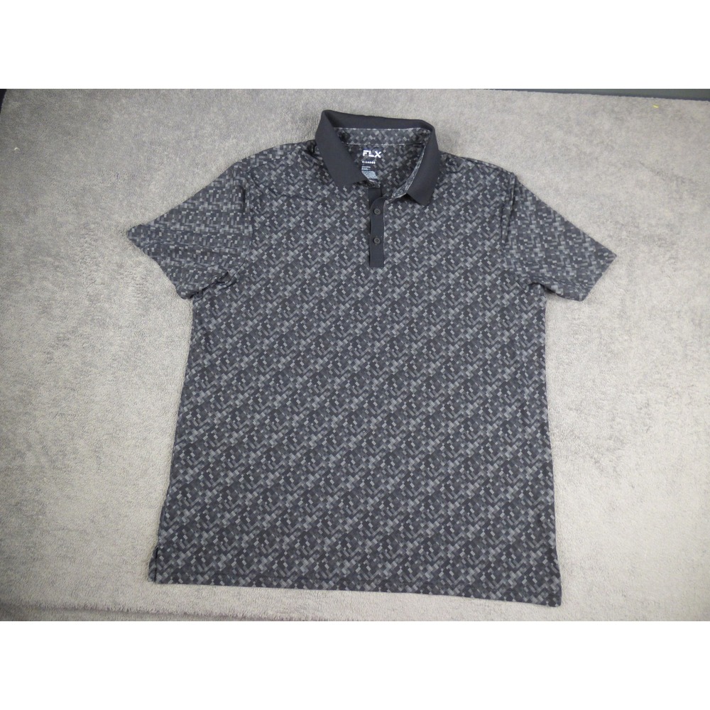 FLX Mens XL Polo Shirt Gray Black Geometric Digital Print Short Sleeve Golf Tee